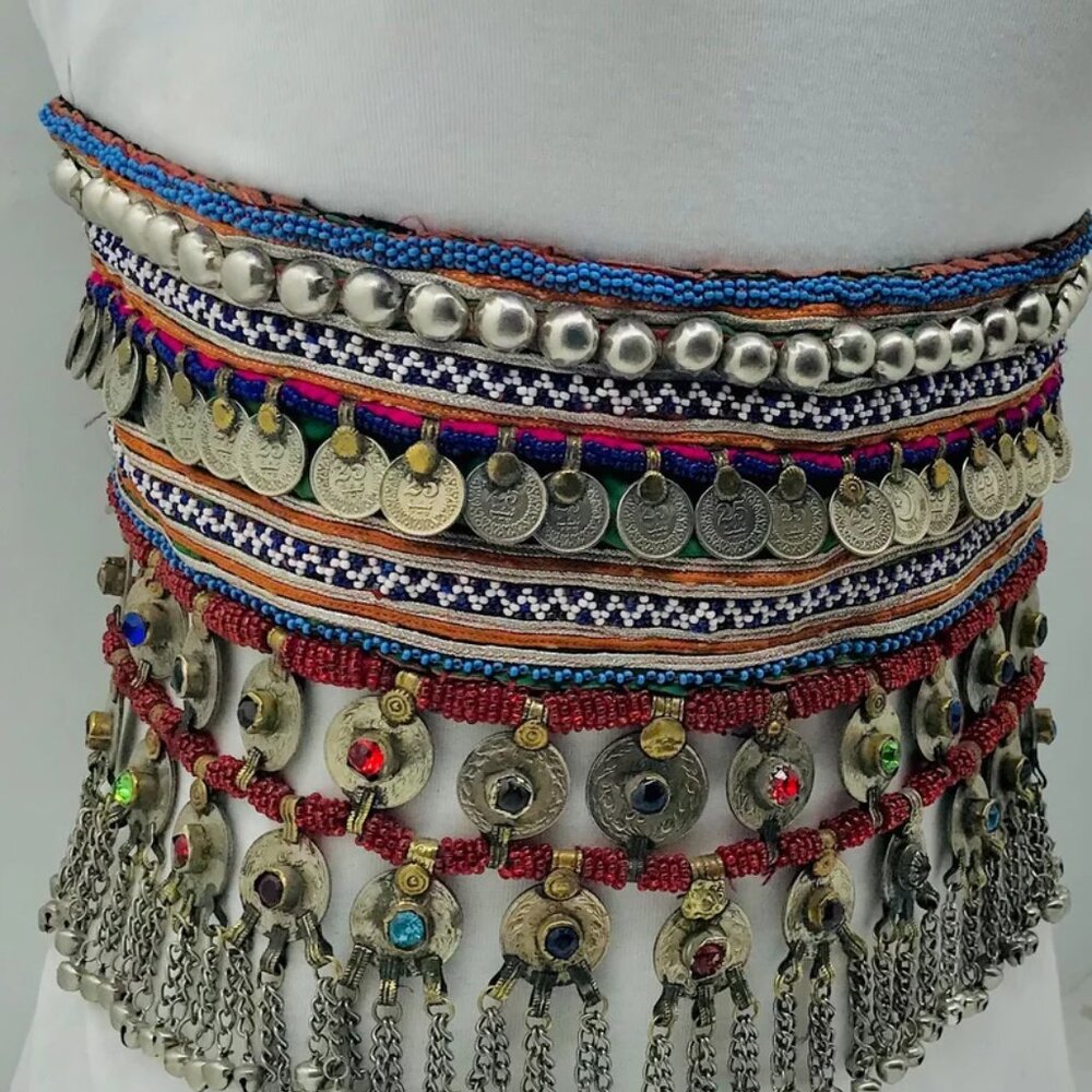 Vintage Kuchi Belly Dance Belt: Afghan Coins & Glass Stones - Picture 8 of 12